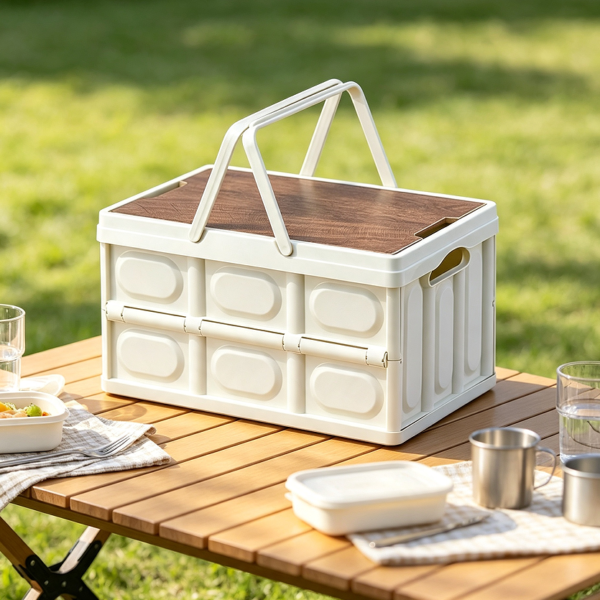 Wood Lid Collapsible Crate with Handles