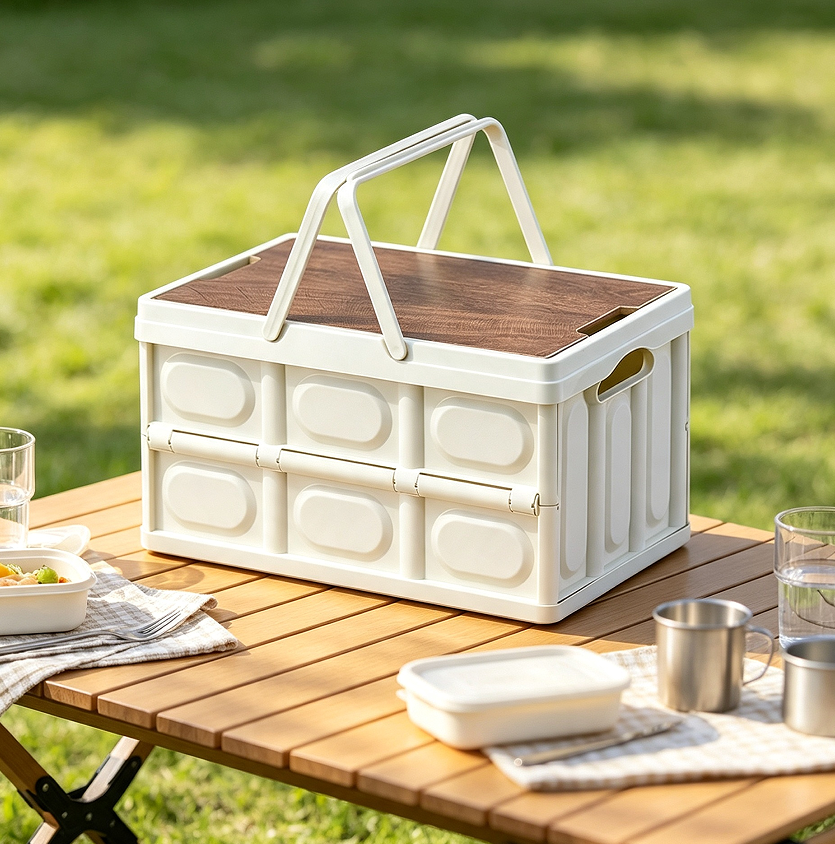 Wood Lid Collapsible Crate with Handles